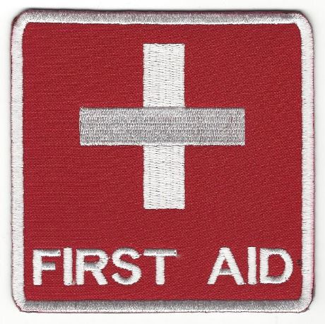 partially embroidered first aid patch red with white cross and words first aid 60 or 90mm made in new zealand