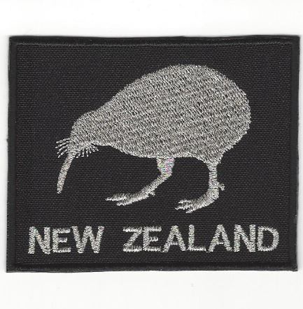 embroidered kiwi patch with the words new zealand underneath, silver and black made in new zealand
