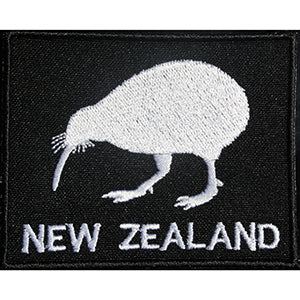embroidered kiwi patch in black and white with new zealand written in words made in new zealand