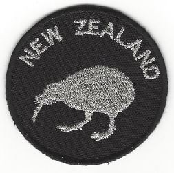embroidered kiwi flag patch silver and black circular with new zealand in words