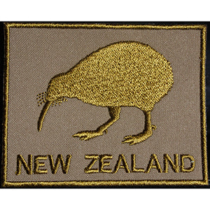 embroidered kiwi patch with new zealand in words, gold colour made in new zealand