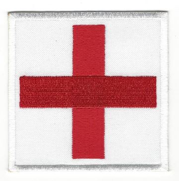 partially embroidered red cross patch 75mm square - embroidered red cross on white backing with white border made in new zealand
